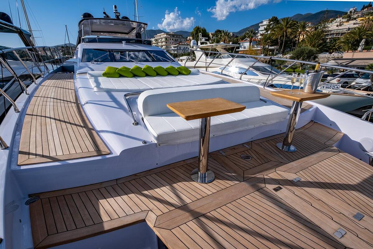 Lounge area and sunbathing cushions on bow