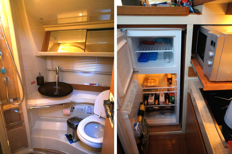 Bathroom (left) and part of the kitchen set - refrigerator (right)