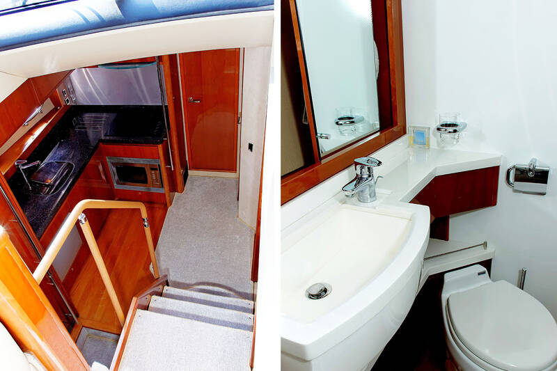 The stairs to the lower deck (left) and bathroom (right)