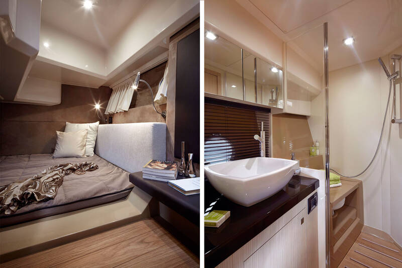 Guest cabin (left) and bathroom (right) (photo from manufacturer)