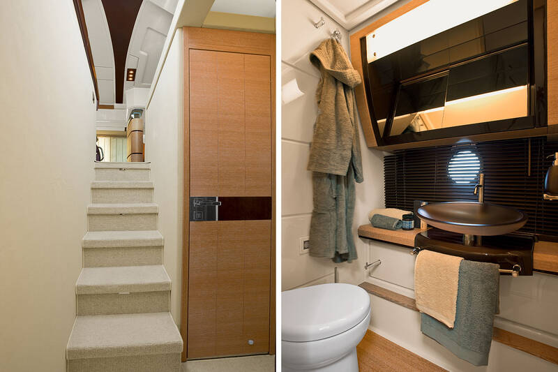 Corridor, stairs to the lower deck and a bathroom in the master cabin (right)