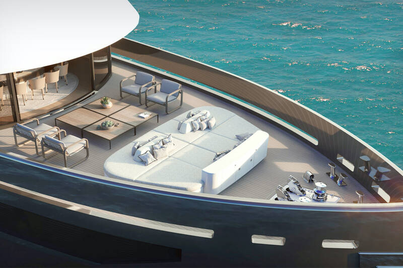 Lounge area with sunbathing cushions on bow upper deck