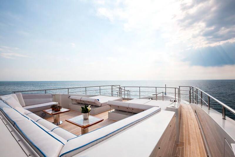 Lounge area and sunbathing cushions on bow