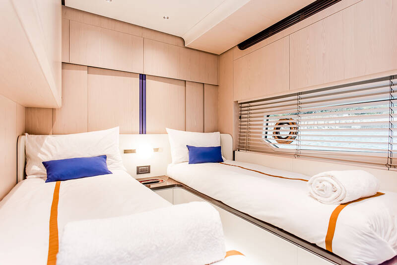 Guest cabin on starboard side with twin beds
