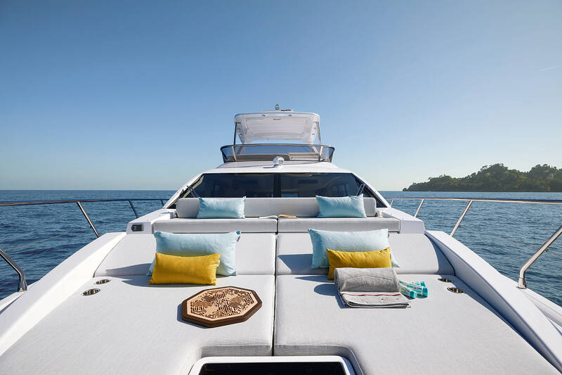 Lounge area and sunbathing cushions on bow
