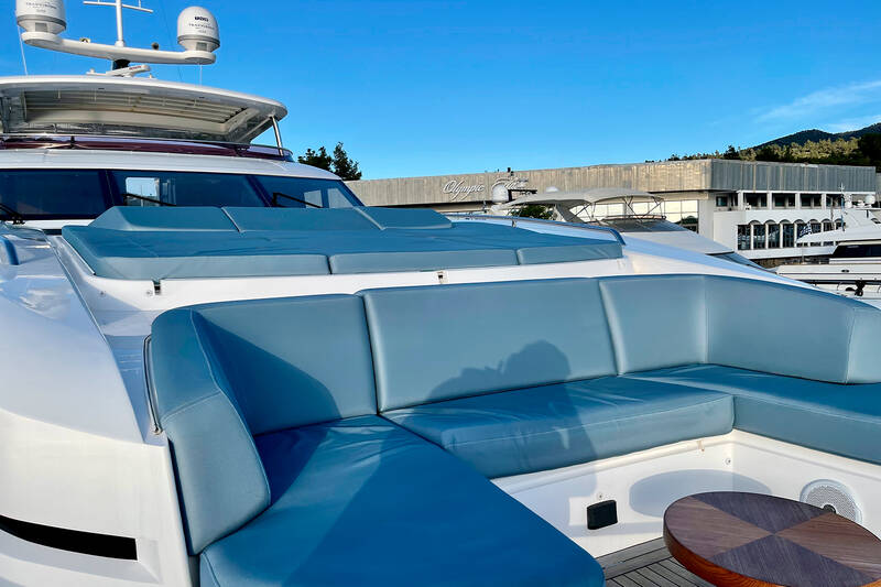 Lounge area and sunbathing cushions on bow