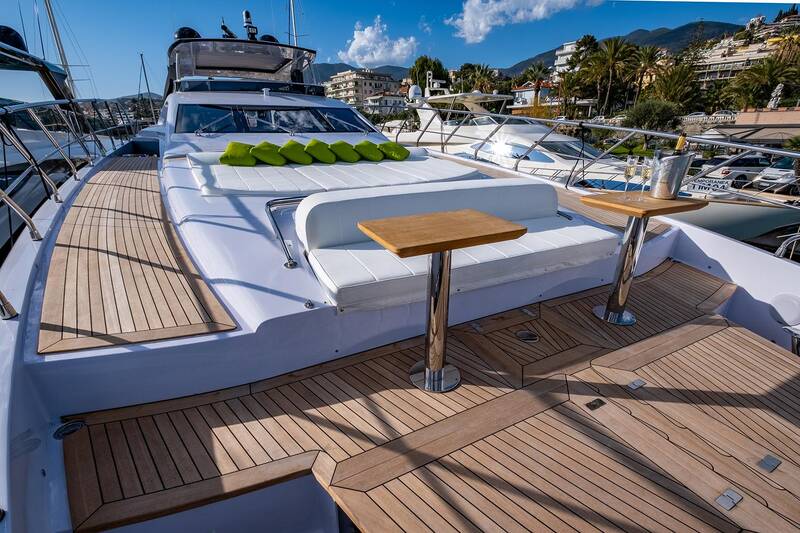 Lounge area and sunbathing cushions on bow